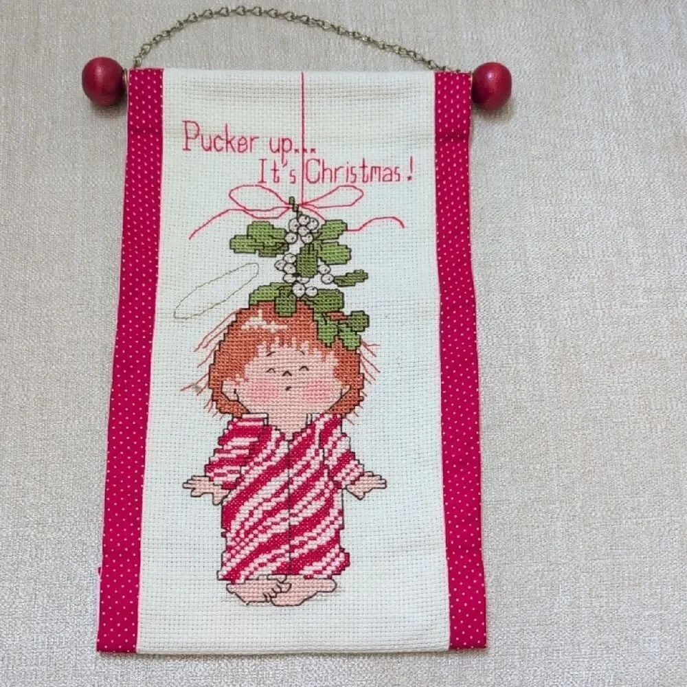 Cross-stitch Embroidered Handmade Wall Hanging "Pucker Up...It's Christmas!"